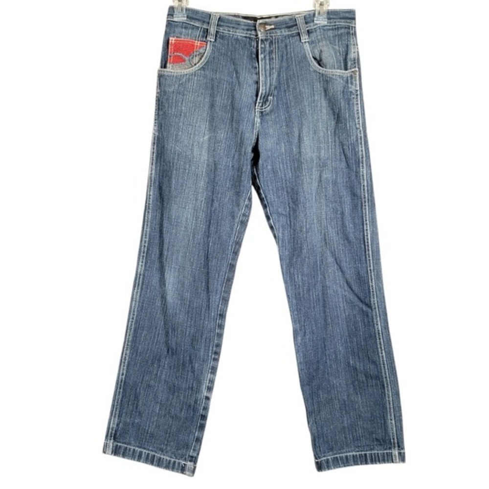 Lot 29 World Class Denim Vtg Embroidered Pocket Distressed  Red Graphic Jeans 32